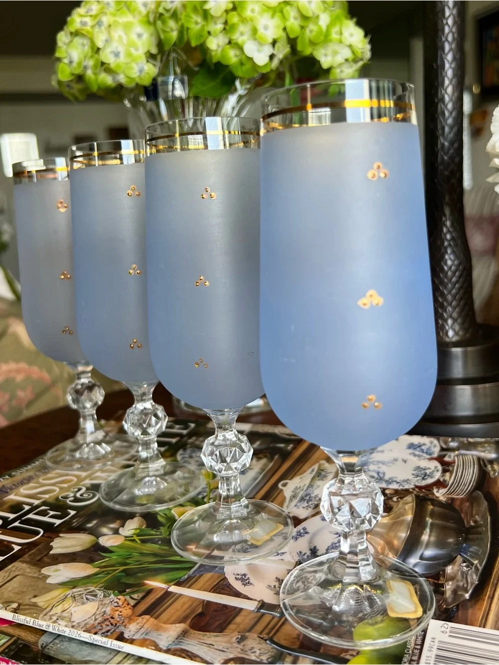 Vtg Czech Crystal Blue Frosted Floral Champagne Glasses - Set of 4